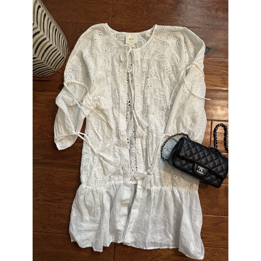 Maeve Anthropologie Ivory Eyelet Lace Embroidered Blouse Top Tassel Tie One Size